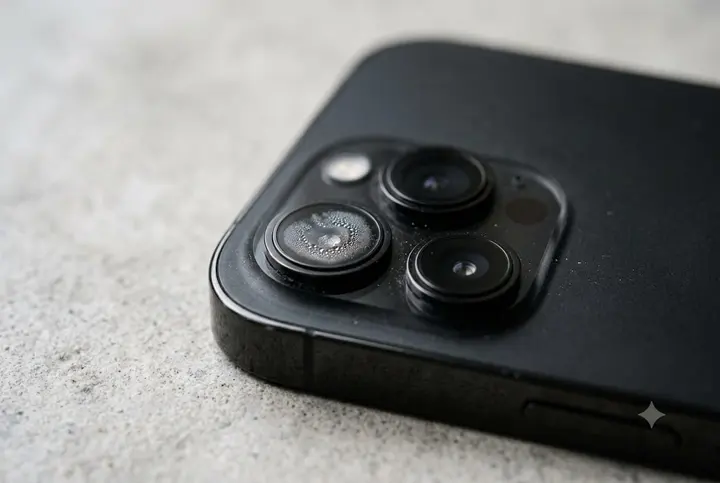 Close-up of an iPhone rear camera module with condensation visible inside the lens glass