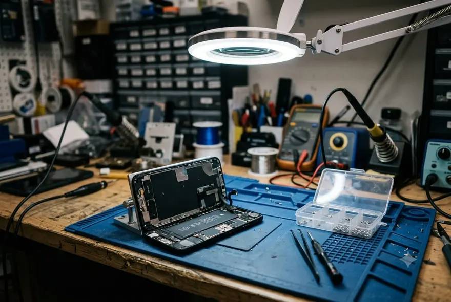 A phone repair bench with an iPhone open under a magnifier lamp