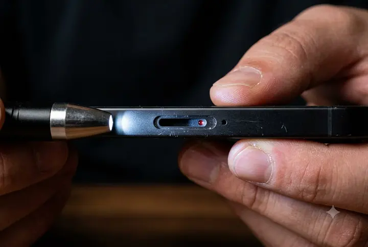 Close-up of an iPhone SIM slot lit by a small torch, with a red liquid contact indicator visible inside