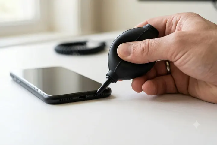 A hand squeezing a rubber bulb air blower aimed at the speaker grille of an iPhone on a white desk