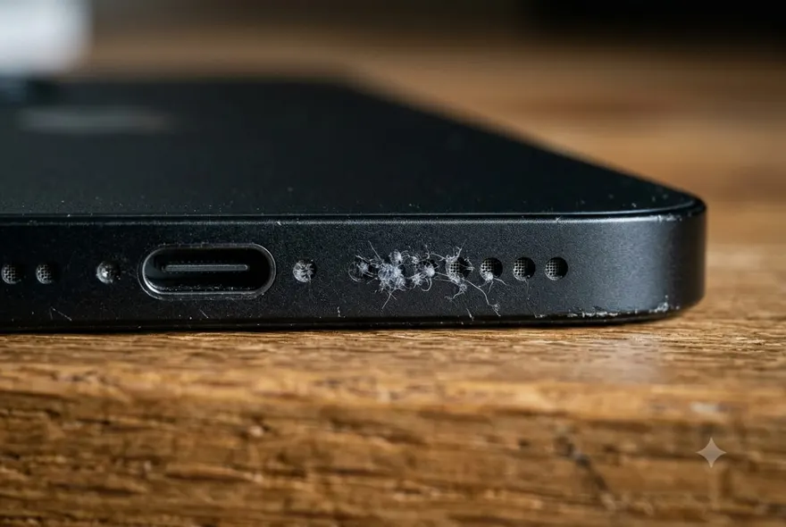 Close-up of the bottom edge of an iPhone with pocket lint caught in the speaker grille holes