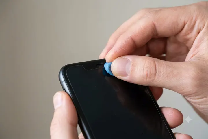 Fingers pressing a small piece of blue adhesive putty onto the earpiece slot at the top of an iPhone