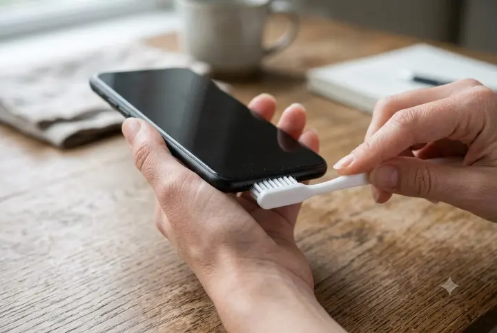 Hands brushing the bottom speaker grille of an iPhone with a soft, dry toothbrush