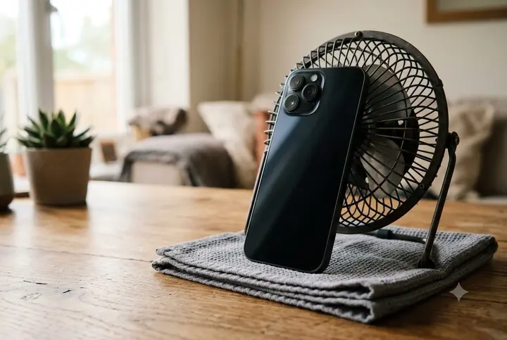 A black iPhone propped against a small desk fan with its charging port facing down onto a folded towel