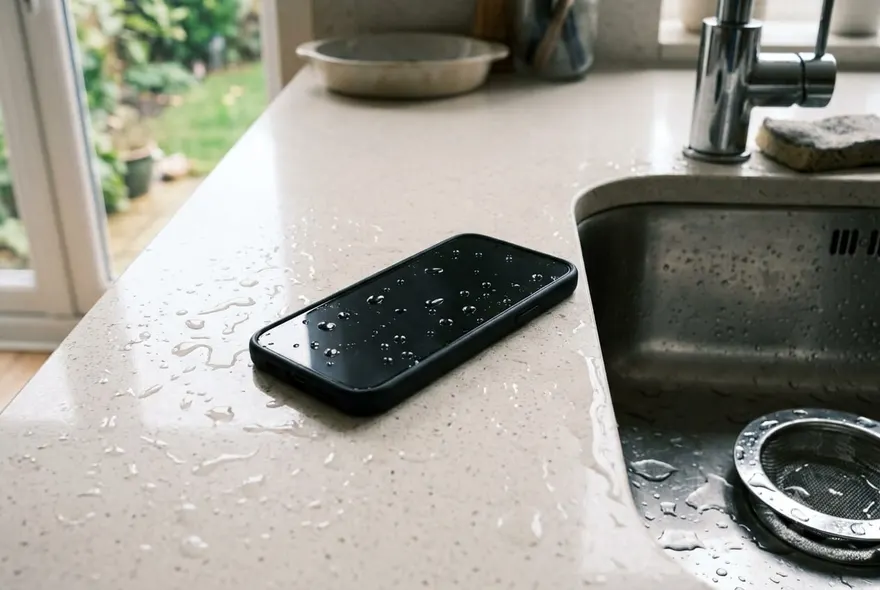A wet iPhone lying on a kitchen counter next to the sink, water droplets on the screen