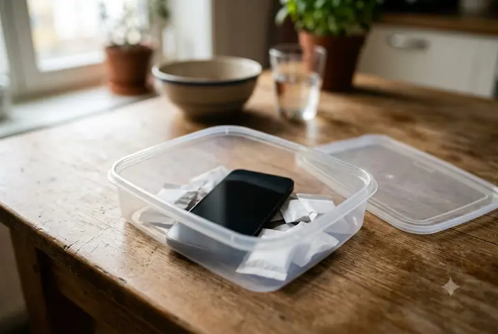 An iPhone lying in an open plastic food container surrounded by silica gel packets