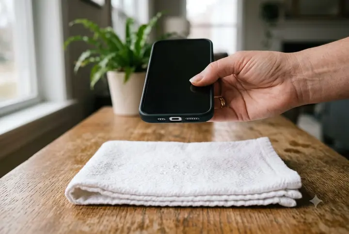 A hand holding an iPhone vertically with the bottom speaker pointing down at a folded white towel